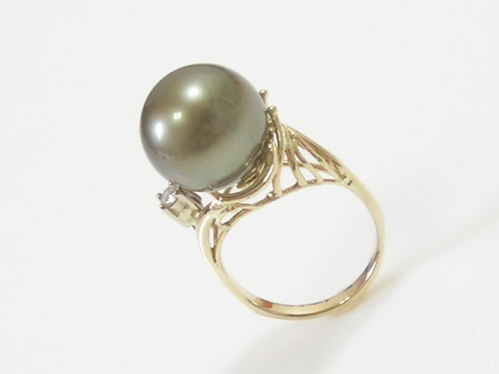 핑크래디 14k 그린빛 13.5mm 흑진주 다이아반지
