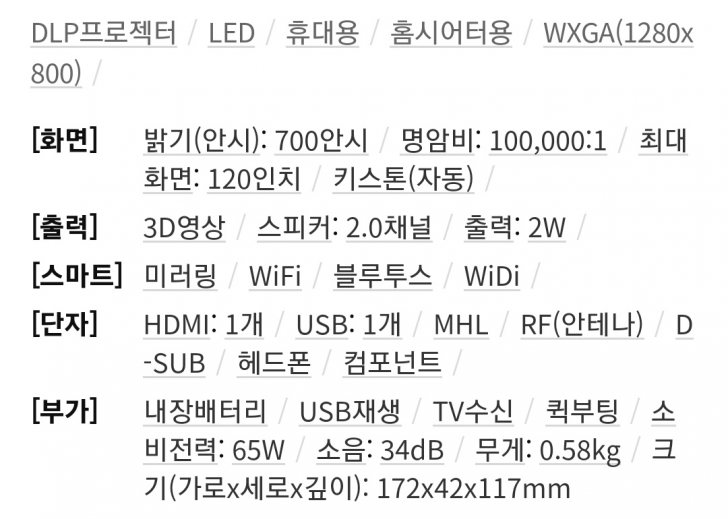 LG 미니빔 PW700 중고